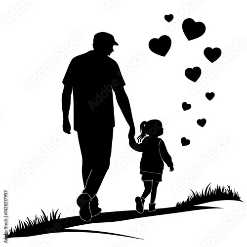 Father and Daughter Silhouette Vector – Tender Family Moment in Black and White