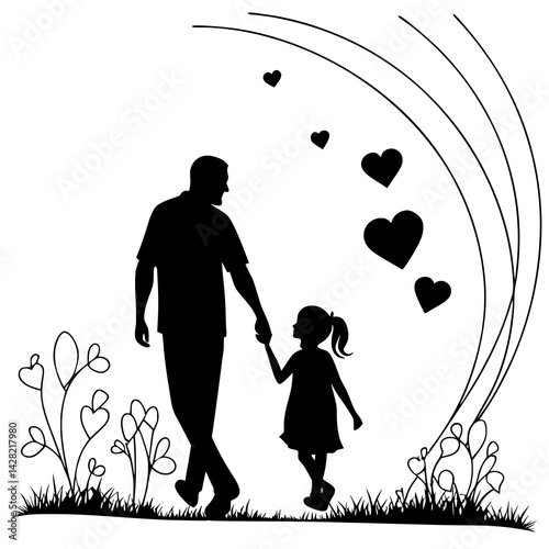 Father and Daughter Silhouette Vector – Tender Family Moment in Black and White