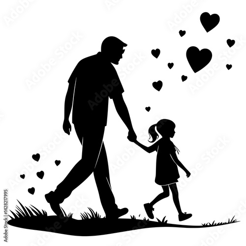 Father and Daughter Silhouette Vector – Tender Family Moment in Black and White