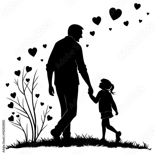Father and Daughter Silhouette Vector – Tender Family Moment in Black and White