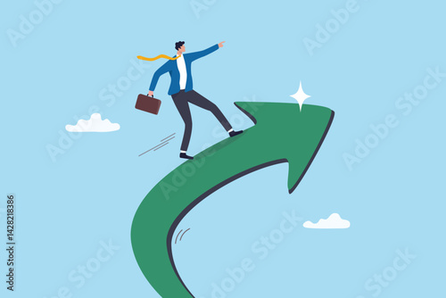 Increase business success, financial achievement, challenge or work performance, upward or rising expertise employee concept, confidence businessman ride upward rising success arrow upward direction.