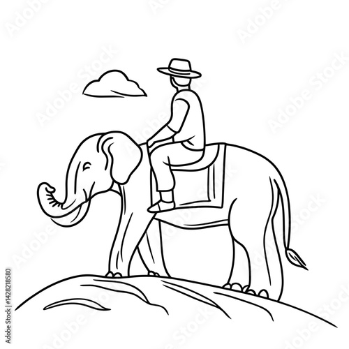 Man riding elephant in a line drawing style against a simple landscape  