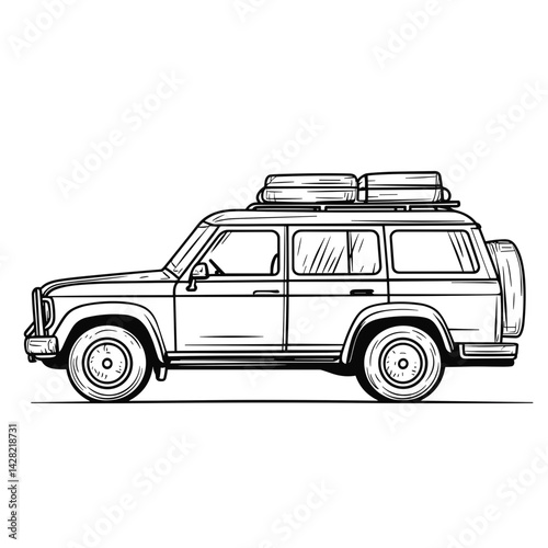 Travel car illustration with luggage on the roof in black and white  