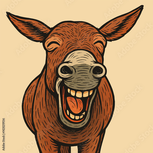 Laughing Donkey Illustration with Open Mouth and Happy Expression Art