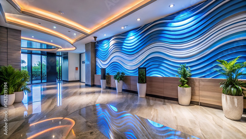 Modern hotel lobby, futuristic interior design, curved blue wave wall panels, LED lighting, reflective marble floors, glass entrance doors, potted plants, reception desk, ceiling cove lighting, luxury