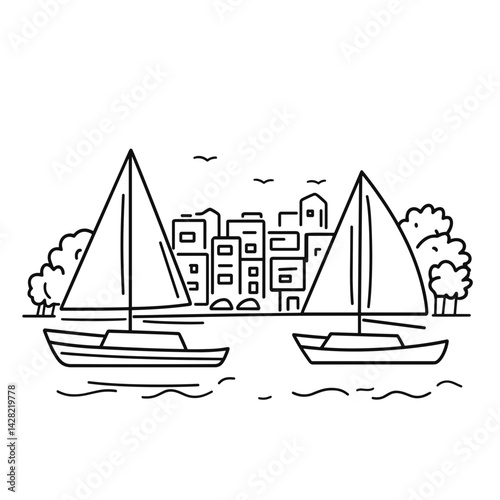 Sailing boats against a city skyline in a minimalist style  