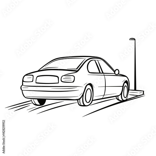 Car leaving parking lot in simple line art style  