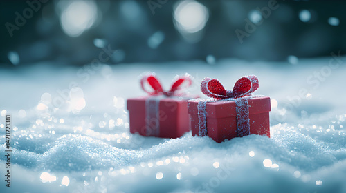 Red Gift Boxes on Snowy Surface with Winter Wonderland Background