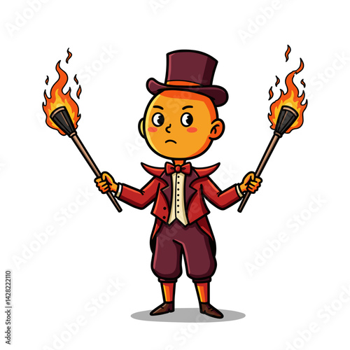 Fire juggler performing with flaming torches on a white background  