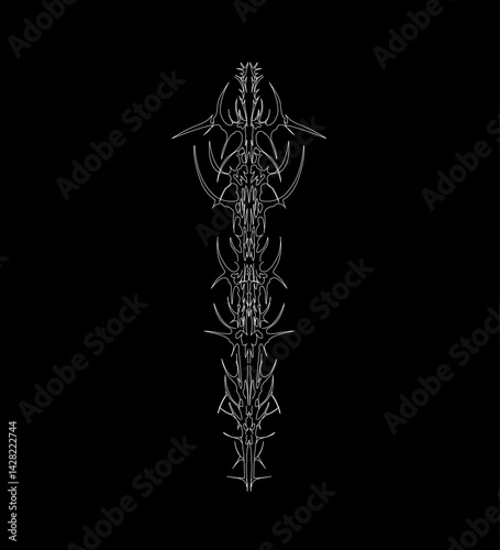Cyber gothic sigilism symmetrical shapes, neo tribal dark elements vector illustration on white background