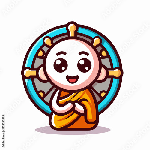Cartoon monk smiling with Dharma wheel background  