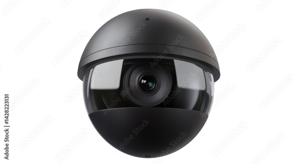 Fototapeta premium A white robot head with a black camera lens and red safety lights, isolated