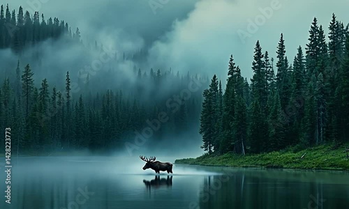 Majestic moose standing in a misty lake surrounded by towering evergreen trees at dawn