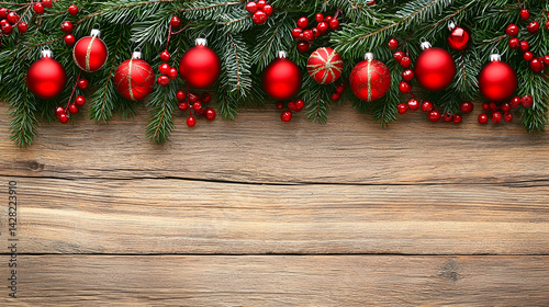 Festive Red Ornaments and Greenery on Rustic Wooden Background