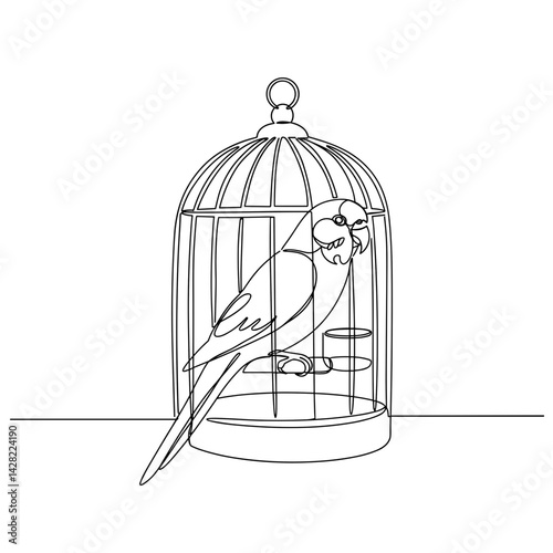 Bird in a cage, drawn in minimalist style, black and white sketch  