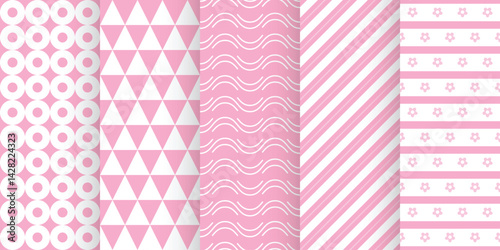Pink patterns parade Circles triangles waves stripes and flowers form a pastel textile tapestry