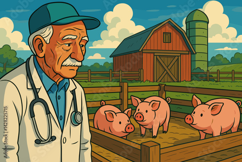 Senior Vet Caring for Pigs in a Farmyard Setting  