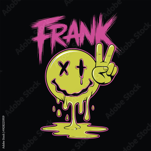 Melting Smiley Face Frank Art Drip Streetwear Grunge Peace Sign Graphic