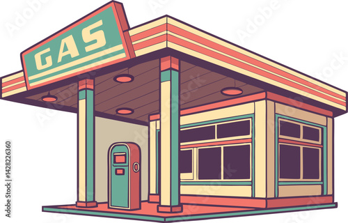 Vintage Gas Station Illustration Retro Roadside Architecture