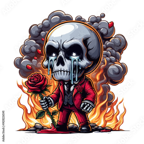 Crying Skull in Flames with a Rose