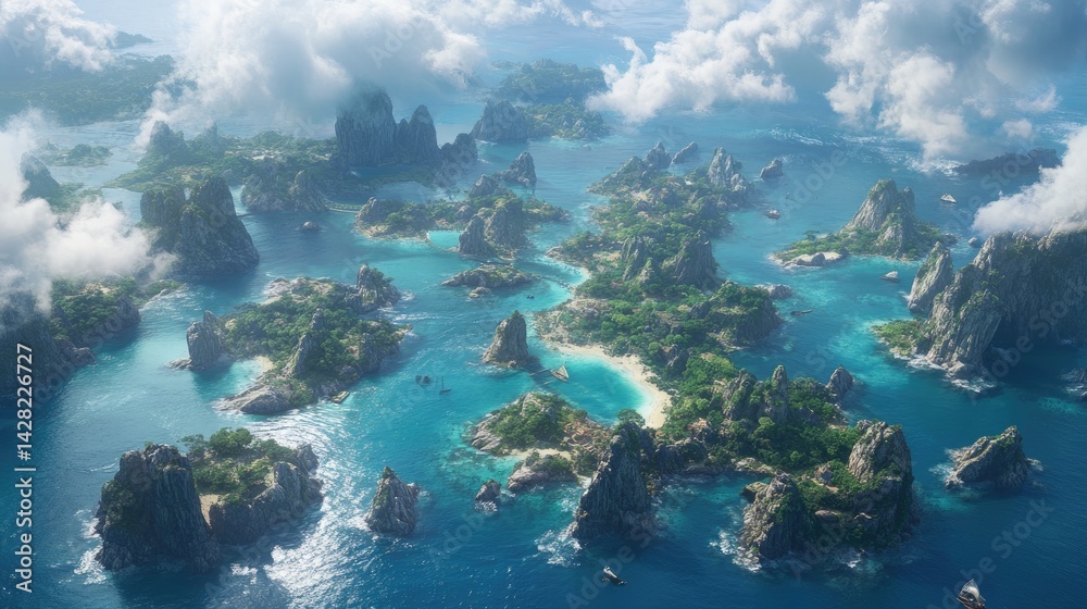 Fototapeta premium Lush tropical archipelago of numerous islands, perfect for pirates.