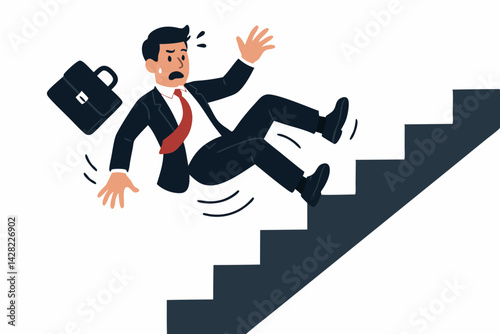 Businessman Falling Down Stairs Vector Illustration, Corporate Mishap Concept, Workplace Accident with Professional in Suit and Briefcase, Office Safety Hazard, Business Risk Visualization