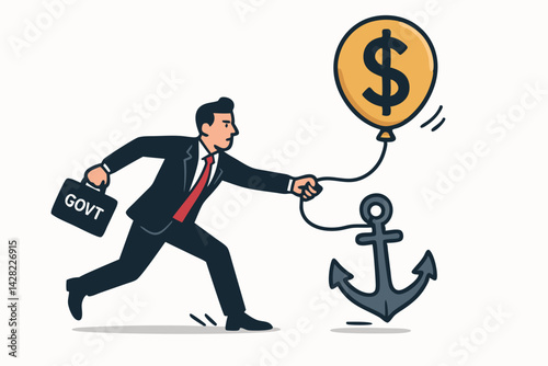 Government Economic Stabilization Concept: Businessman with Briefcase Balancing Dollar Balloon and Economic Anchor, Financial Policy Metaphor, Monetary Control Illustration, Budget Management Symbol