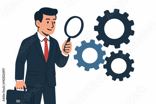 Business Process Analysis Vector Illustration with Professional Businessman Examining Operations with Magnifying Glass and Gears, Corporate Strategic Problem Solving and Workflow Optimization Concept