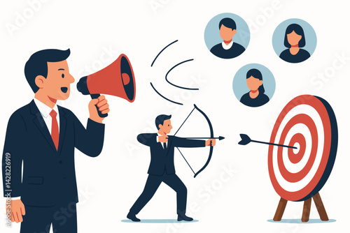 Business Team Targeting Marketing Success Vector Illustration with Executive Announcing Strategy through Megaphone and Professional Aiming Arrow at Bullseye Target with Audience Avatars