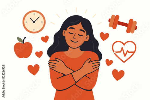 Self-Love Wellness Concept: Stylized Woman Embracing Herself with Health Icons Including Clock, Apple, Heartbeat Monitor and Dumbbell, Mental and Physical Wellbeing Illustration in Warm Orange Tones