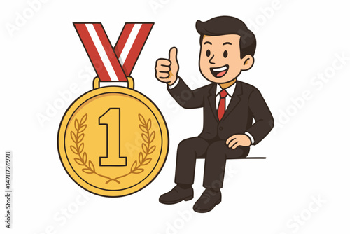 Successful Businessman Cartoon Vector with Gold Medal and Number One Award, Achievement Symbol with Thumbs Up Gesture, Business Success Concept for Corporate Recognition Design