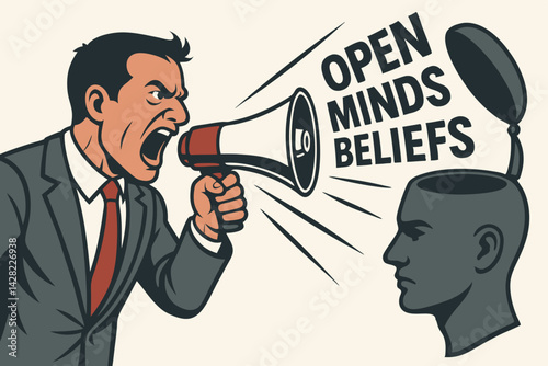 Open Mind Concept Vector Illustration - Business Man Shouting Through Megaphone into Human Head with Text "Open Minds Beliefs" - Persuasion Communication Corporate Influence Metaphor in Retro Style