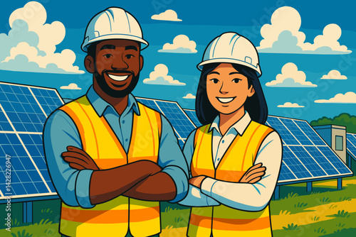 Confident Engineers Smiling at Solar Farm Under Blue Sky  