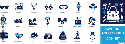  Flat Fashion Accessories Icon Set. fashion accessories, handbag, sunglasses, necklace, earrings