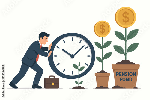 Retirement Planning and Pension Fund Growth Vector Illustration with Businessman Pushing Time Clock and Money Plant Growth Concept for Financial Investment Strategy