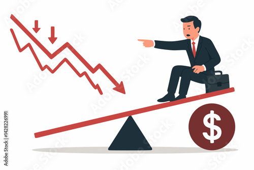 Business Market Downturn Vector Illustration with Worried Businessman on Seesaw Balance with Dollar Symbol, Red Declining Graph Chart Showing Financial Crisis and Economic Recession Concept