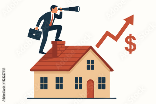 Real Estate Market Vision Vector Illustration with Businessman on House Roof Looking Through Telescope at Rising Property Value Growth Chart with Dollar Symbol