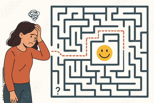 The difficult journey to find happiness illustrated by a worried woman staring at a complex maze puzzle with a smile icon at the end, representing mental health.