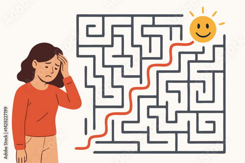 Overcoming challenges: Sad woman looks at a complex maze representing life's difficulties, finding a clear path to happiness, positive emotion, and mental wellness symbolized by a smiling sun.