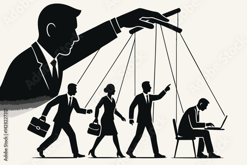 Powerful hand manipulating corporate employees like marionettes on strings. Vector concept illustration depicting business control, hierarchy, power dynamics, and worker manipulation.