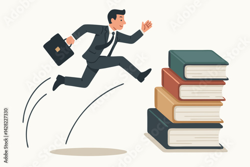 Businessman leaping towards a stack of books, symbolizing a leap for knowledge, education, career growth, ambition, and professional development vector illustration.