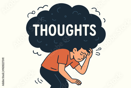 Stressed man crushed under the weight of heavy thoughts, a vector illustration symbolizing the burden of overthinking, anxiety, depression, mental health issues, and psychological pressure.