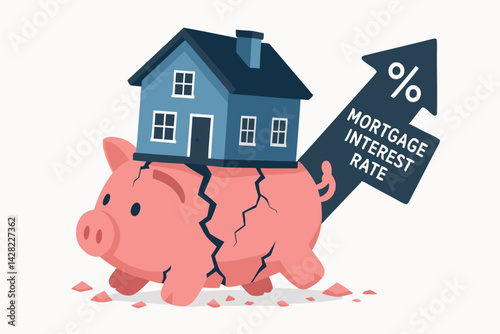 Rising mortgage interest rates symbolized by cracked piggy bank struggling under house weight, arrow pointing up, representing financial crisis, debt burden, and property market strain.