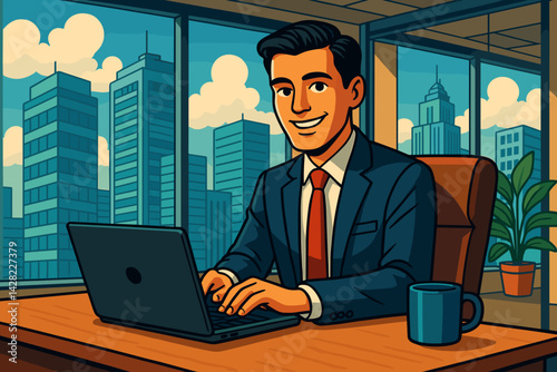 Smiling Executive Working at Desk with City View  
