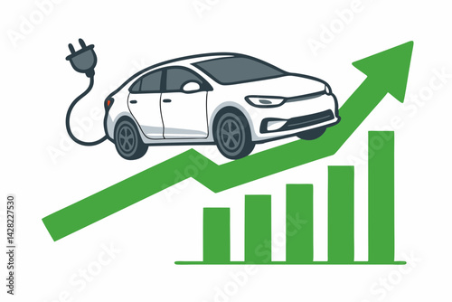Electric Vehicle Profit Growth Concept: EV car rides an upward green arrow over an increasing bar chart, symbolizing market expansion, sales success, investment returns, and automotive trend.