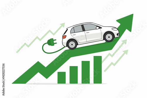 Vector illustration of an electric car ascending a green growth chart arrow, symbolizing rising EV profits, sales success, automotive market trends, and sustainable vehicle investment.