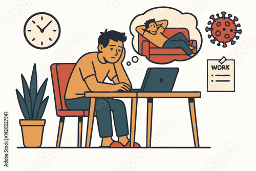 Demotivated man at desk with laptop, tired of home office life and thinking about resting on sofa, coronavirus icon hinting at pandemic work from home challenges.