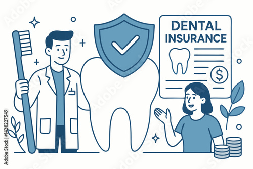 Dental insurance vector illustration showing dentist, patient, protected tooth shield, and policy. Represents healthcare coverage, cost savings, oral hygiene checkup, and financial security benefits.
