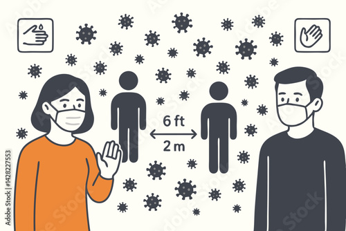 Social distancing concept illustration showing people wearing face masks keeping 6 feet or 2 meters apart during pandemic, virus prevention measures, vector graphic for public health safety
