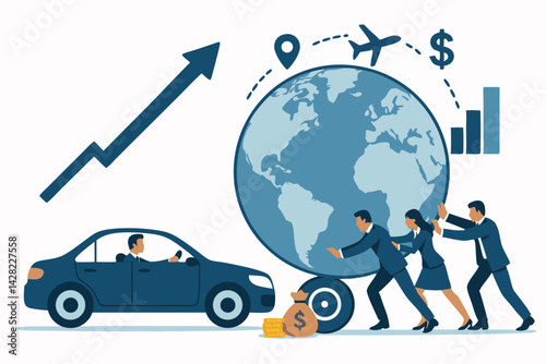 Metaphorical Illustration of Corporate Teamwork Driving Global Economy Growth, Pushing Earth Uphill Towards Financial Success, Investment, and International Market Expansion